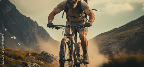 a sporty man who rides a mountain bike in the mountains. Generative AI