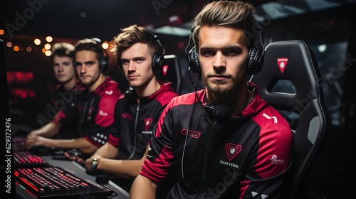 Obraz na plátně Photo of gamer esport team wearing jersey playing in tournament generated by AI
