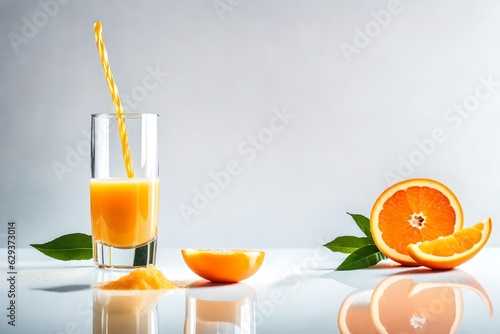 Three glasses of fruit juice are arranged in a triangle shape and surrounded by a variety of colorful fruits including oranges