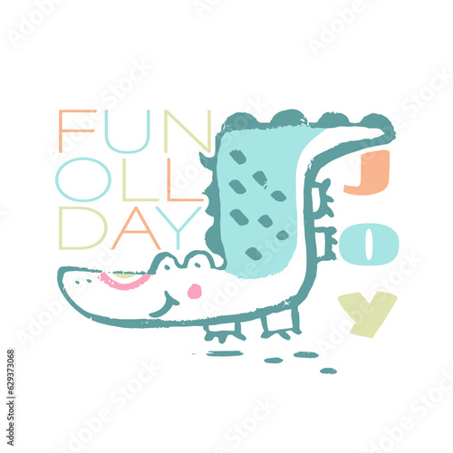 Summer crocodile tropical t-shirt print. Beach vacation kids design, savannah nursery poster. Animals exotic
