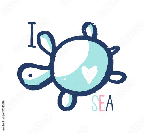 Summer sea turtle t-shirt print. Hand drawn tropical ocean design. Beach vacation kids vector with slogan.