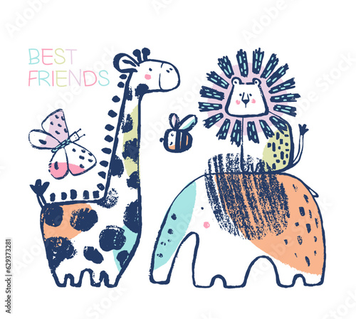 Summer rhinoceros, hippopotamus, toucan tropical t-shirt print. Beach vacation kids design, savannah nursery