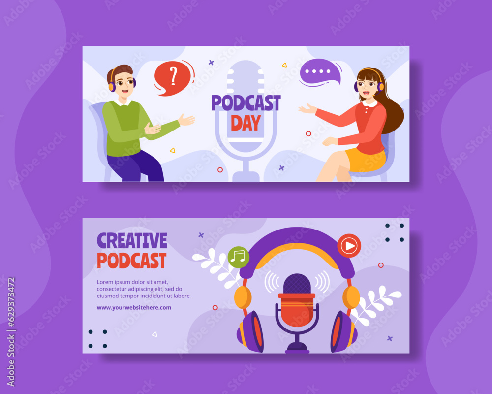 Fototapeta premium Podcast Day Horizontal Banner Flat Cartoon Hand Drawn Templates Background Illustration
