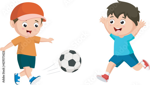 Cute little kids cartoon playing soccer