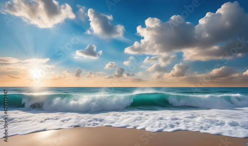 beautiful panoramic seascape with surf waves against a blue sunny sky with clouds natural mediterra photo