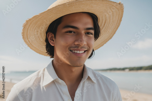 young happy man smiling wearing a hat on a beach. Generative AI