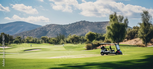 A golf course scene. Beautiful southern dryland course layout. Golf cart in front, golfers Playing in the distance. Hand edited Generative AI. 