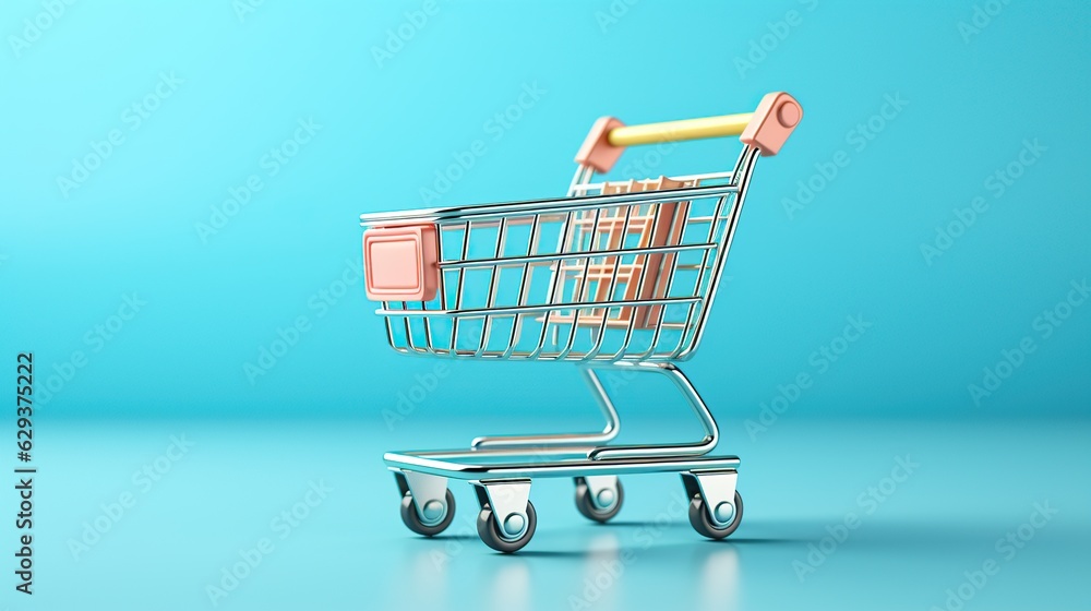3d Shopping Trolley, Online Shopping Concept. on a blue background