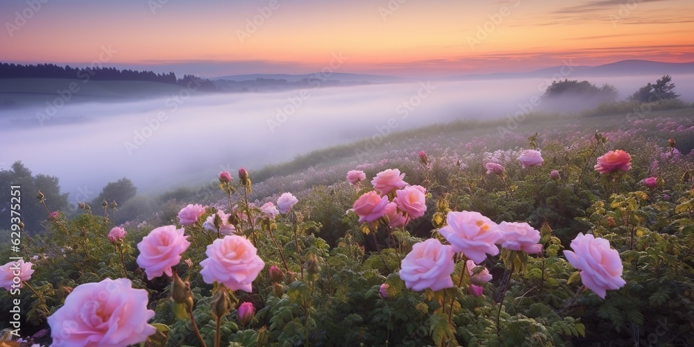 Fototapeta premium Natural beauty podium backdrop with spring rose flower field. 3D Illustration