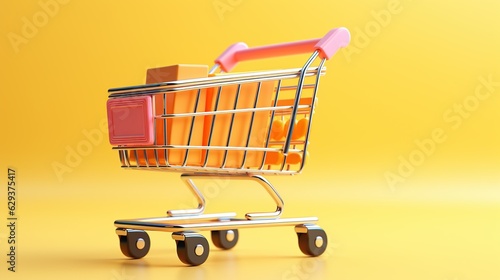 3d Shopping Trolley, Online Shopping Concept. on a yellow background