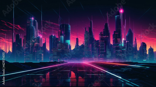 Retro cyberpunk, futuristic landscape with laser grid, neon city skyline