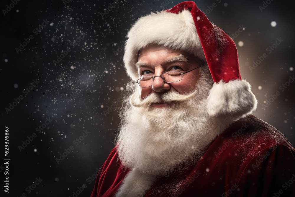 Advertising portrait of friendly Santa Claus looking and smiling at camera in studio production. Advertising portrait of friendly Santa Claus looking and smiling at camera in studio production.