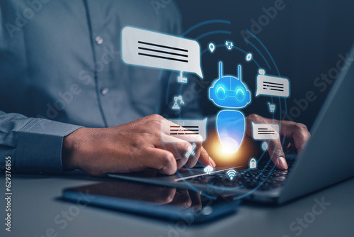 technology, artificial intelligence, robot, ai, futuristic, innovation, business, digital, connection, communication. typing at keyboard to training artificial intelligence and iot icon show around it