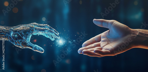 artificial intelligence, robotic, technology, ai, futuristic, internet, innovation, hardware, networks, digital. robotic part use artificial intelligence to check hand with human. ai innovation tech.
