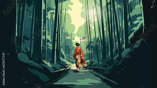 Bamboo forest in Arashiyama, Kyoto, Japan. Bamboo Background. Kyoto Landmarks. Fully editable. Vector Illustration