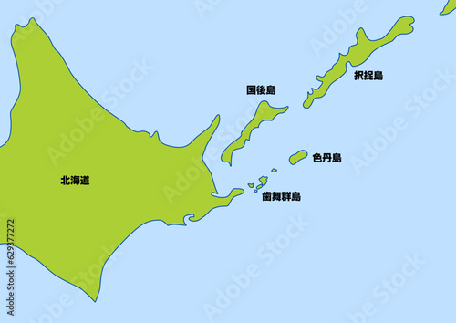 北方領土の地図。北海道本島の北東方にある北方四島。