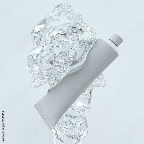 An image of a cosmetic container and a stream of water. Ointment or toothpaste mock up.