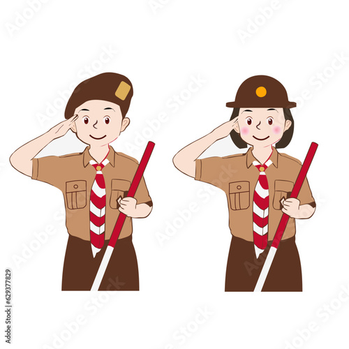 Cute Indonesian Pramuka Scout Who is being respectful Wearing Brown Uniform Hat. Cartoon Vector Illustration students in scout uniforms
