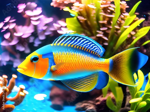 Beautiful symbiosis of group of fishes in coral reef aquarium tank photo
