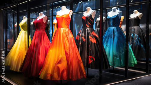 Store display featuring dresses of different colors in glass display cases