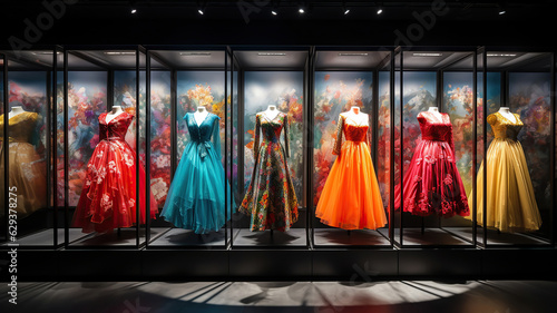 Store display featuring dresses of different colors in glass display cases