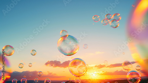 Soap bubbles flying in the air with the sunset in the background