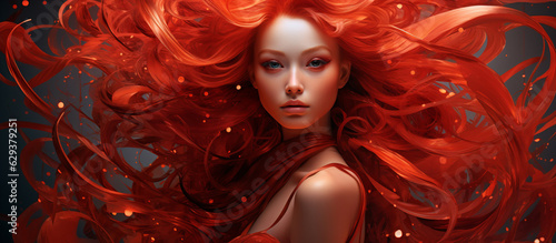 Portrait of beautiful woman with red colored spiral hair with make-up , Fashion design art concept. Generative AI