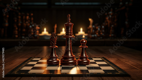 Chess Pieces Laid Out on a Dark Chessboard in a Dimly Lit Room