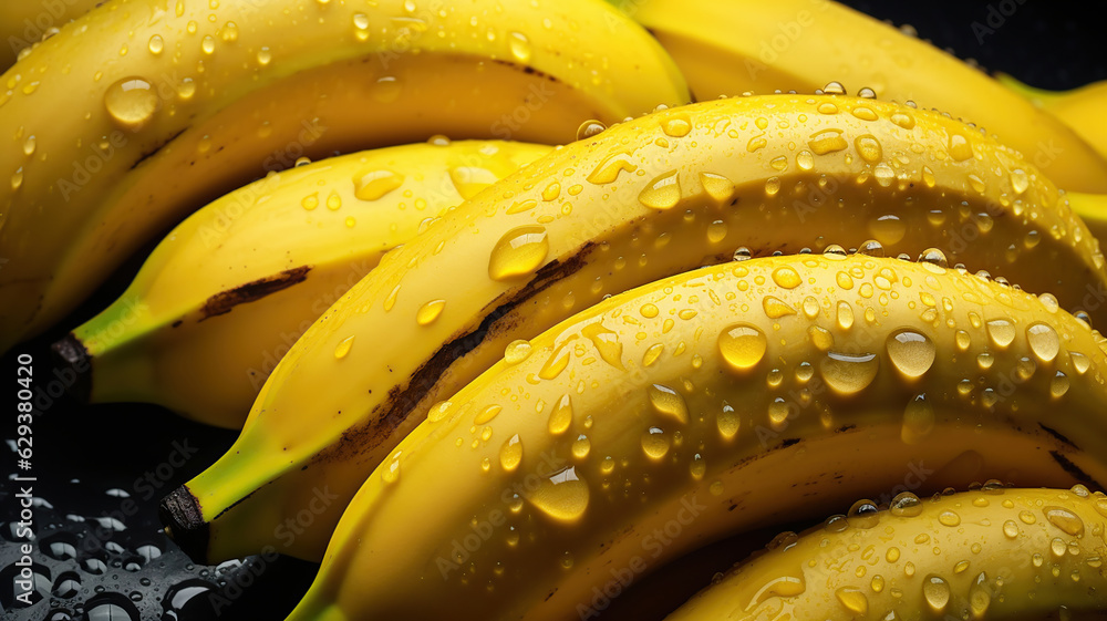 collection of yellow bananas stacked together, adorned with tiny water droplets