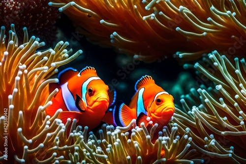 Fotografia orange clownfish hides in a beautiful anemone generated by AI tool