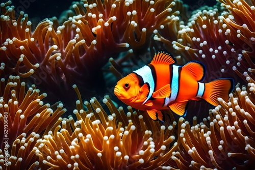 Fényképezés orange clownfish hides in a beautiful anemone generated by AI tool