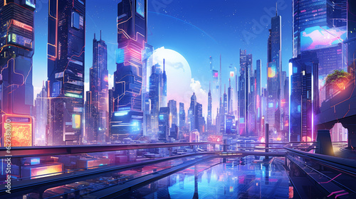 A futuristic cityscape with neon-lit buildings and streets, illustrating the fusion of technology