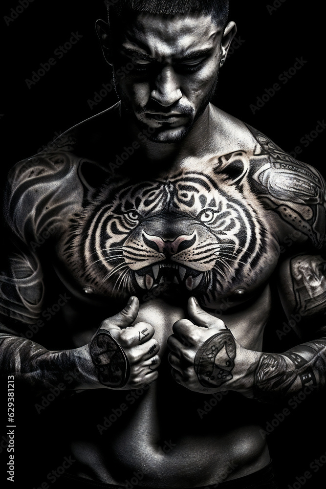 Intense Photo of Fighter with Tiger Chest Tattoo in Monochrome