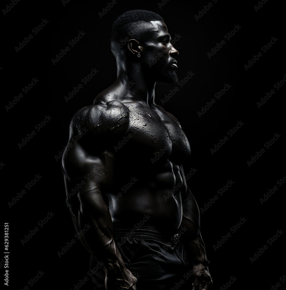 Sculpted Perfection: Black Male Bodybuilder Standing Stoically in Monochrome Sculpted Perfection: Black Male Bodybuilder Standing Stoically in Monochrome
