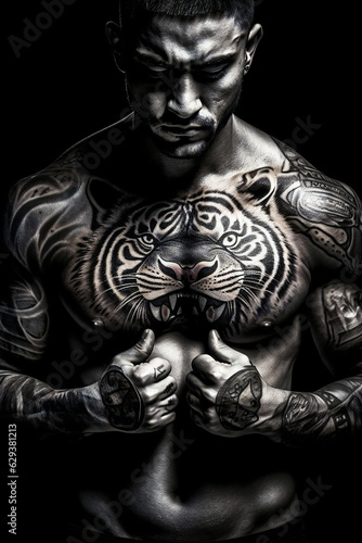 Intense Photo of Fighter with Tiger Chest Tattoo in Monochrome