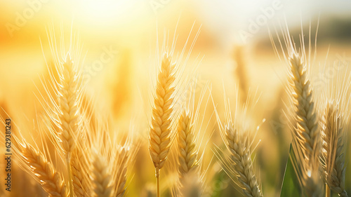 Wheat field in the sunlight with a sun rising behind it