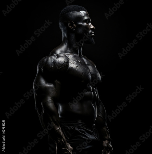 Sculpted Perfection: Black Male Bodybuilder Standing Stoically in Monochrome 