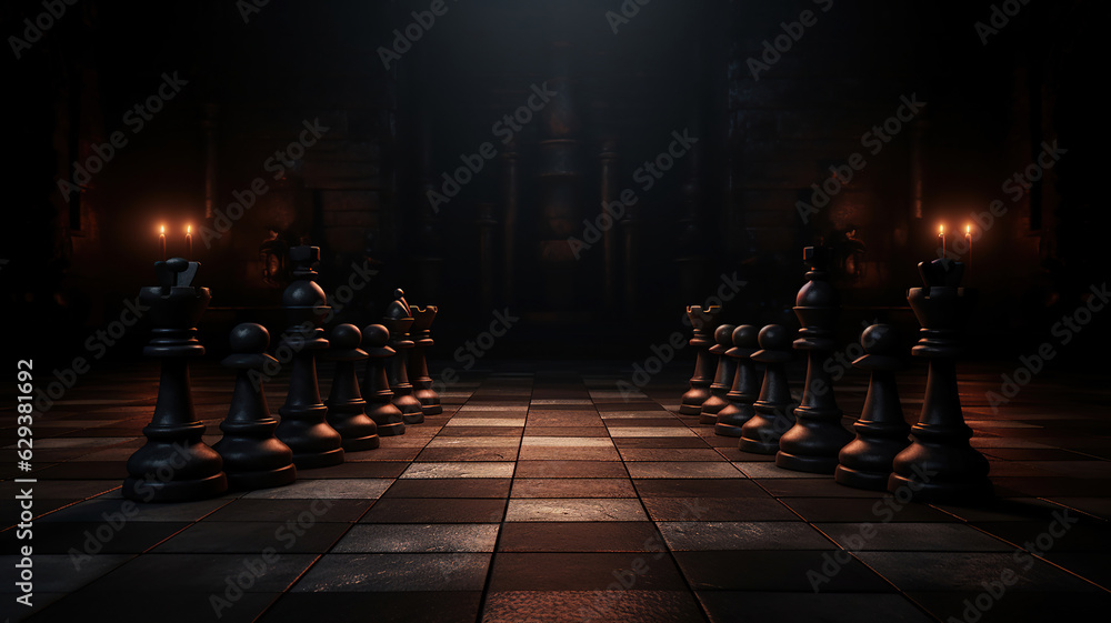Pieces on a Dark Chessboard within a Dim Room