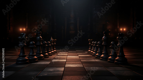 Pieces on a Dark Chessboard within a Dim Room