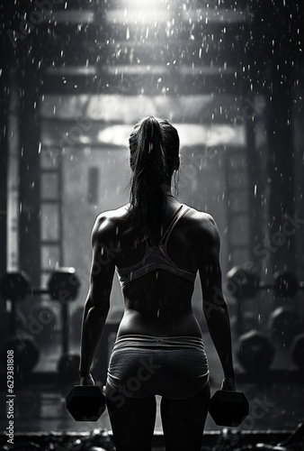 Young woman working out in the gym with free weights. Black and white photo