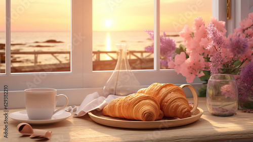 Croissants, flowers, glasses, and tea grace the table in front of a window, complemented by the captivating beach sunset view