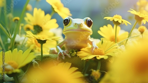 A tiny frog hangs delicately from a flower