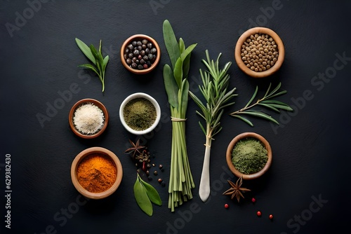 herbs and spices on black background by Generated with AI technology