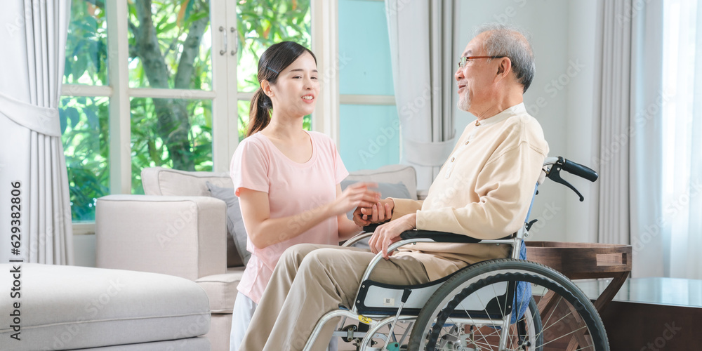 Asian family health care and insurance business at home concept, woman daughter take care support to senior elderly father patient in wheelchair together, dad having smile in happy love lifestyle Asian family health care and insurance business at home concept, woman daughter take care support to senior elderly father patient in wheelchair together, dad having smile in happy love lifestyle