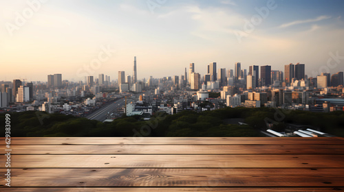 The empty wooden table top with blur background of Tokyo