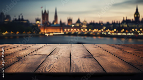 The empty wooden table top with blur background of London © ginstudio