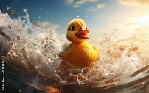 Rubber duck in water with splashes.