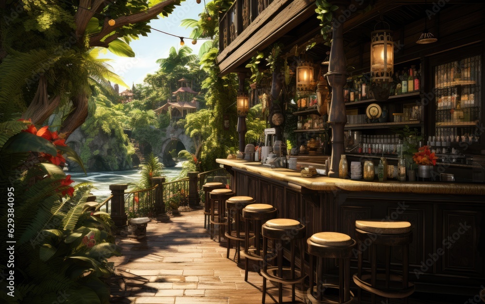 A wooden design restaurant in the sunset jungle.
