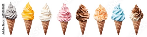 Tableau sur toile Soft serve Yoghurt Ice cream swirl on waffle cone on transparent background cutout, PNG file