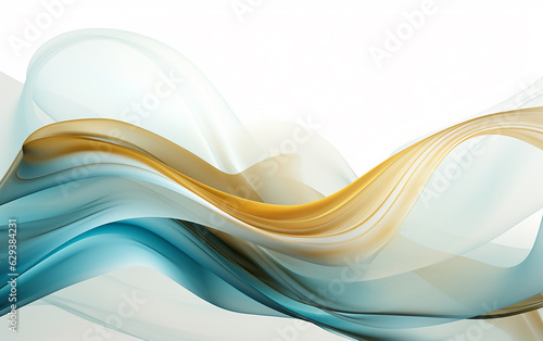 Fotografia Gold and cyan silk intertwine, creating delicate curves, while the white backdrop elegantly brings out an abstract wavy composition